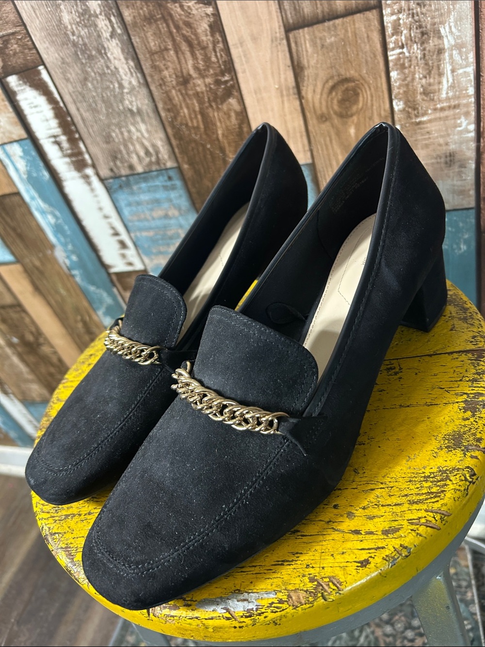 Liz Claiborne Black Suede Loafers with Gold Chain Trim